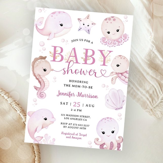 Invitation Sous l'océan Fille Baby Shower Rose  (Créateur téléchargé)