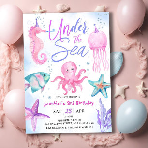 Invitation Sous l'océan ! Fille de 3 ans Anniversaire Rose Oc
