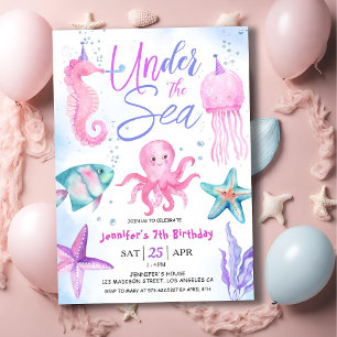 Invitation Sous l'océan ! Fille de 7 ans anniversaire Rose Oc