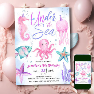 Invitation Sous l'océan ! Fille de 9 ans anniversaire Rose Oc