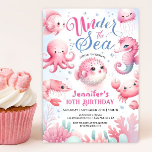 Invitation Sous l'océan ! Fille de l'océan rose mignonne 10e 