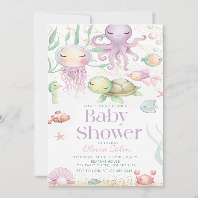 Invitation Sous l'océan Mer Animaux baby shower violet (Devant)