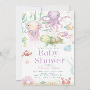 Invitation Sous l'océan Mer Animaux baby shower violet