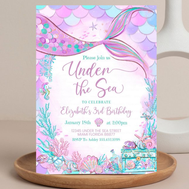 Invitation Sous l'océan modifiable Petite Sirène violet turqu (Créateur téléchargé)