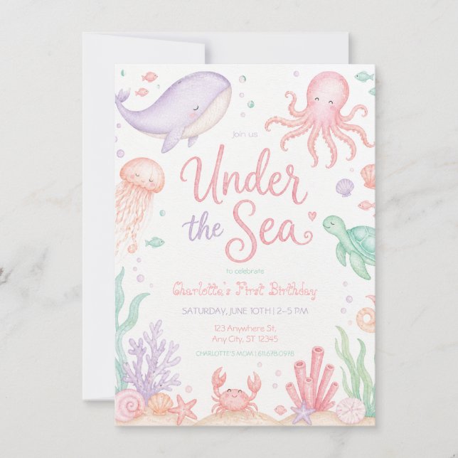 Invitation Sous l'Océan Pastel Fille d'Anniversaire (Devant)
