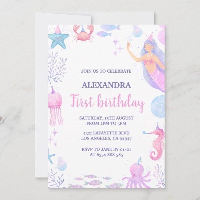 Invitation Sous l'Océan Sirène 1er Anniversaire (Devant)