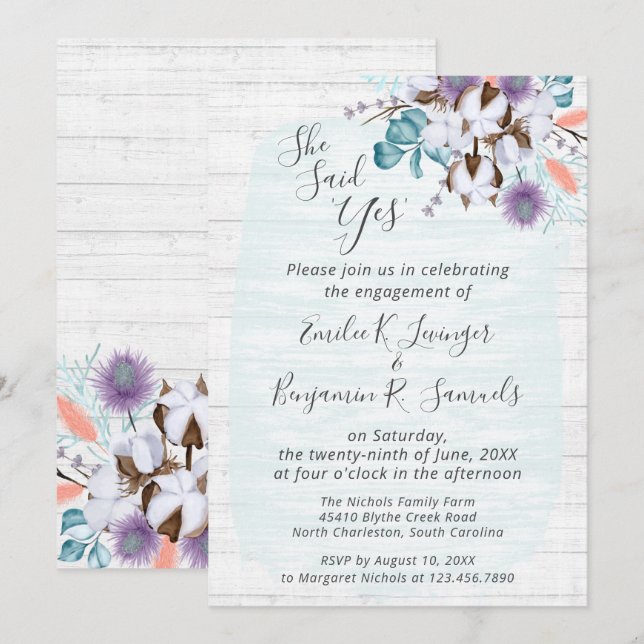 Invitation Southern Country Cotton Floral Engagement Party (Devant / Derrière)