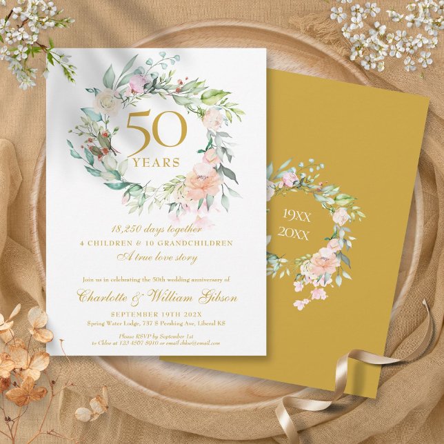 Invitation Souvenirs de 50 ans de mariage en or Floral (Floral 50th Golden Wedding Anniversary Memories Invitation)