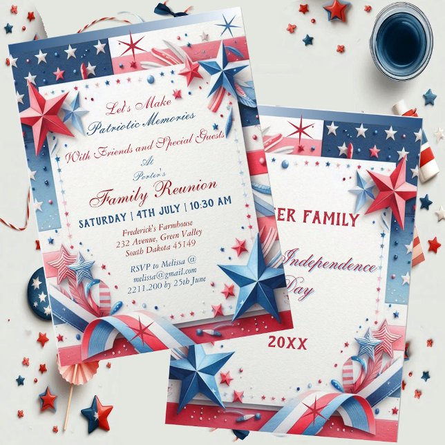 Invitation Souvenirs patriotiques Union familiale Étoiles et  (Patriotic Memories Family Union Stars and Stripes Invitation)
