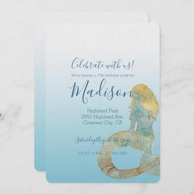 Invitation Soyez génial Gold Aqua Sparkle Mermaid (Devant / Derrière)