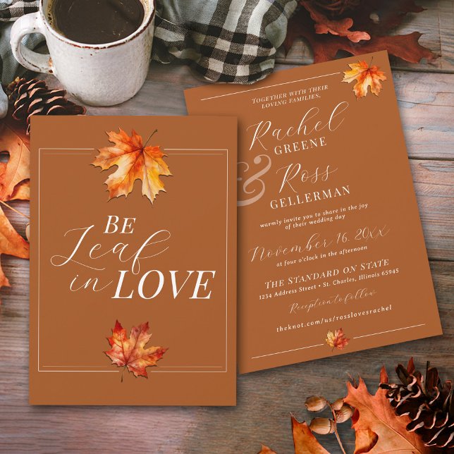 Invitation Soyez La Feuille Dans L'Amour Brûlé Orange Rustiqu (Modern classy Be Leaf In Love, BeLeaf, watercolor fall leaves rustic Autumn wedding invitation)