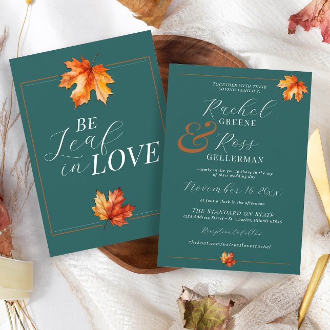 Invitation Soyez La Feuille Dans L'Amour Turquoise Rust Éléga (Elegant jewel tone teal burnt orange rust watercolor fall leaves autumn wedding invitation)