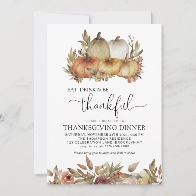 Invitation Soyez Merci Aquarelle Citrouille Bois Thanksgiving (Devant)