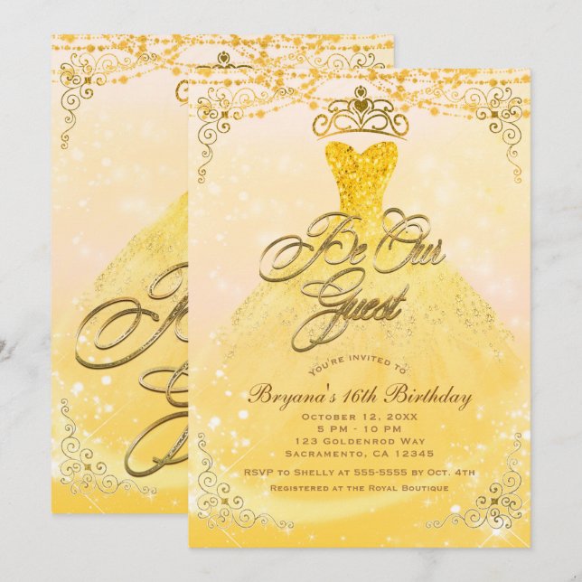 Invitation Soyez notre invitée Princesse Jaune & Or Douce Fêt (Devant / Derrière)