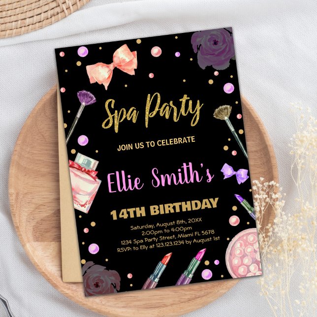 Invitation Spa Black Parties scintillant Spa Anniversaire Inv (Spa Black Glitter Spa Birthday Invitations)