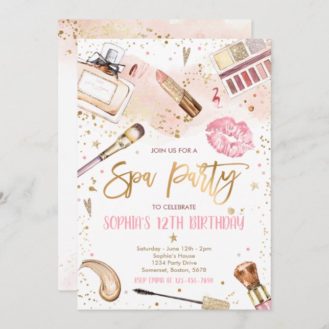 Invitation Spa de maquillage fête d'anniversaire Blush rose G (Devant / Derrière)