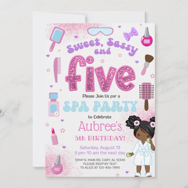Invitation SPA, girl 5th birthday party invite, 5 year old. (Devant)