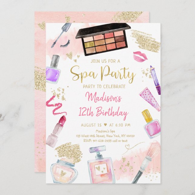 Invitation Spa Glitz & Glam Pink Gold Anniversaire (Devant / Derrière)