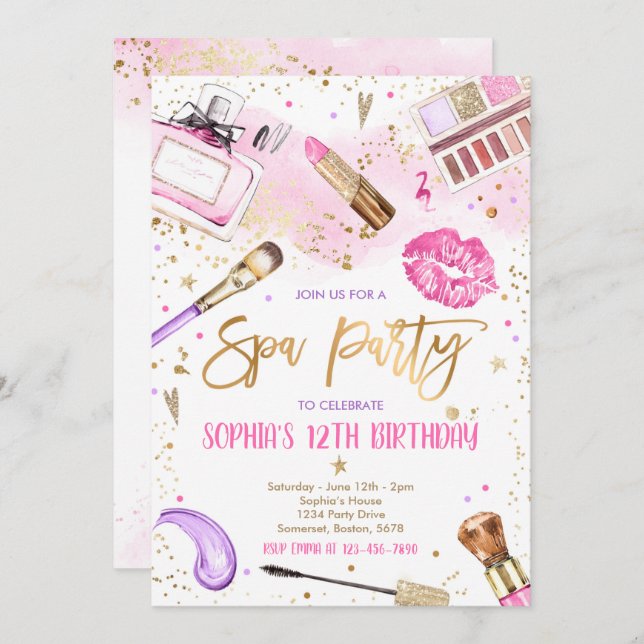 Invitation Spa Maquillage fête d'anniversaire Pink Glitz & Gl (Devant / Derrière)