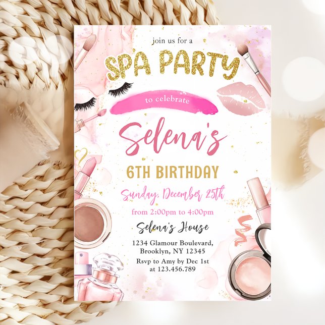 Invitation Spa Maquillage fête d'anniversaire Pink Glitz & Gl (Créateur téléchargé)