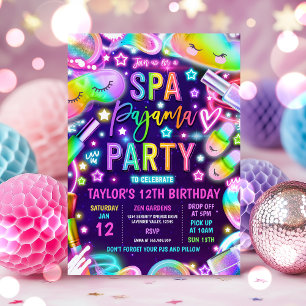 Invitation Spa Pajama Neon Spa et couchette fête d'anniversai