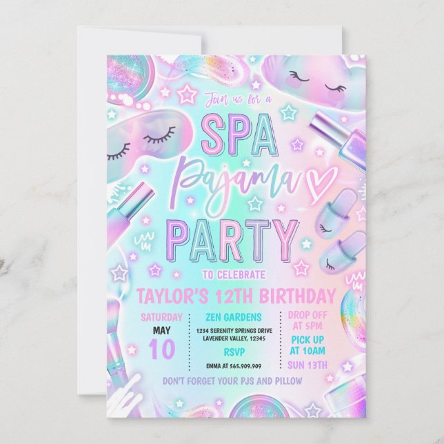 Invitation Spa Pajama Party Pastel Spa & couchette Anniversai (Devant)