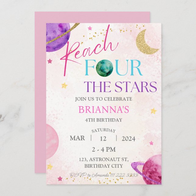 Invitation Space 4th Reach Four the Stars Birthday Girl (Devant / Derrière)