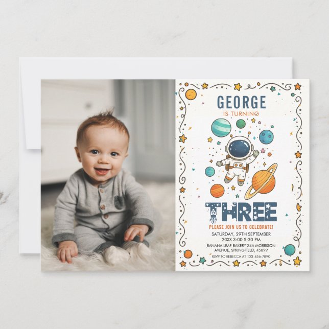 Invitation Space Adventure 3rd birthday | Outer Space photo (Devant)