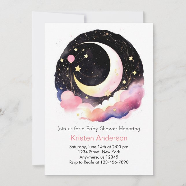 Invitation Space Adventure Moon et Stars Girl Baby shower (Devant)