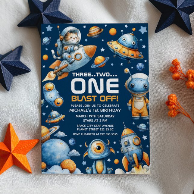 Invitation Space Astronaut Cat Blast Off Cosmic 1st Birthday (Créateur téléchargé)