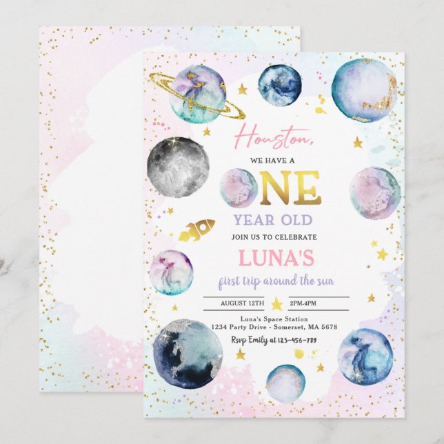 Invitation Space Birthday Girl Rose Premier Voyage Autour Du  (Devant / Derrière)
