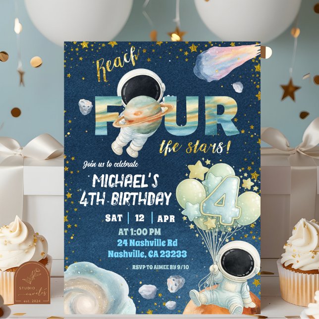 Invitation Space Boy reach FOUR the stars 4th Birthday Invita (Créateur téléchargé)