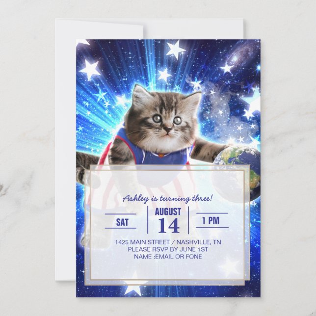 Invitation Space cat jouant au basket (Devant)