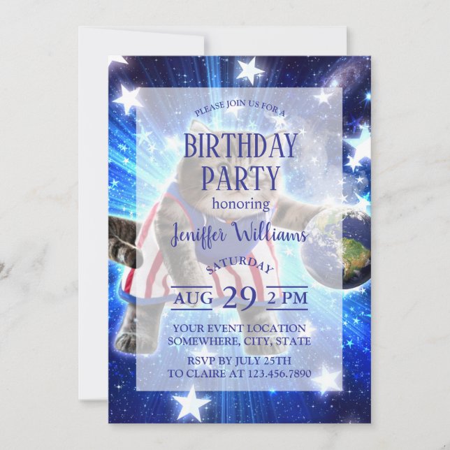 Invitation Space cat jouant au basket (Devant)