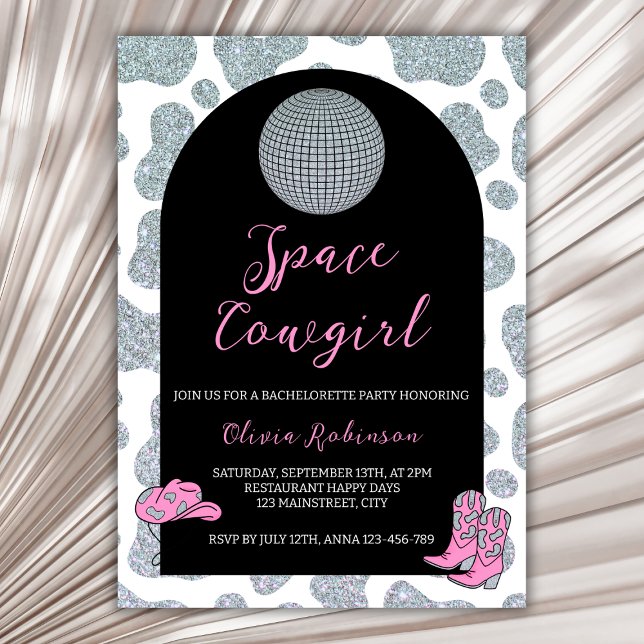 Invitation Space Cowgirl Parties scintillant Vache Imprimer B (space cowgirl disco bachelorette party invitation)