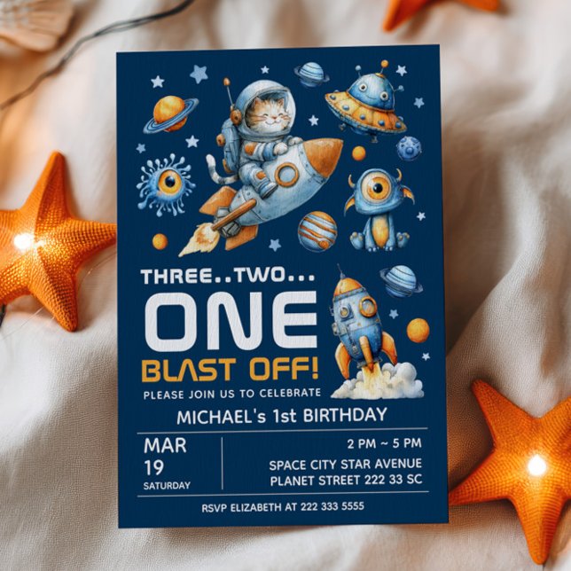 Invitation Space Galaxy Astronaut Cat Blast Off 1st Birthday (Créateur téléchargé)