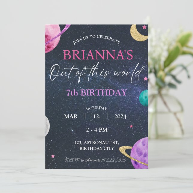 Invitation Space Galaxy Girl 3e 5e 6e 7e 8e 9e anniversaire (Debout devant)