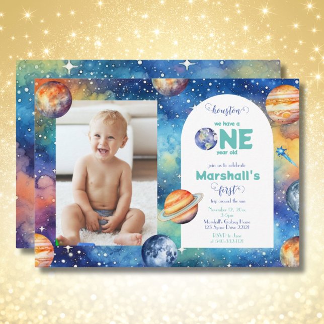 Invitation Space Galaxy ✨ Planètes Photo Premier anniversaire (Space Galaxy ✨ Planets Photo First Birthday Invitation)