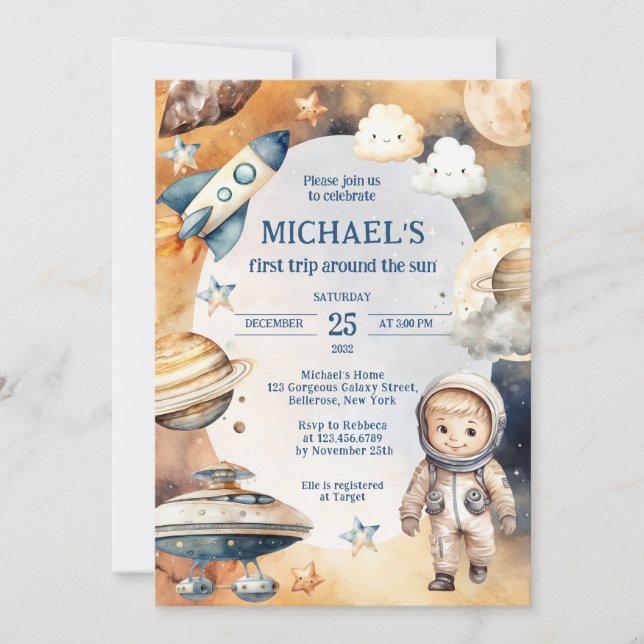 Invitation Space Galaxy Premier voyage autour du soleil Anniv (Devant)