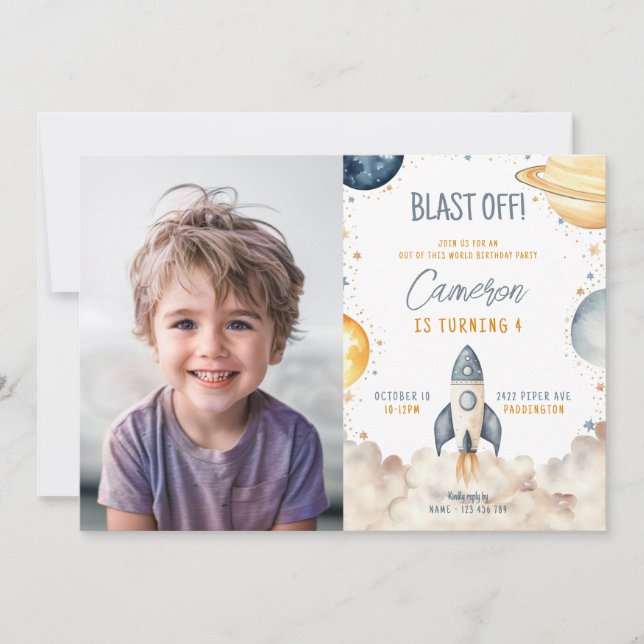 Invitation Space Galaxy Rocket Ship Photo Anniversaire (Devant)