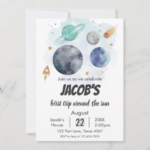 Invitation Space Galaxy Watercolor Planet Rocket 1er annivers