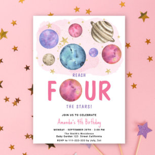 Invitation Space Girl Quatrième anniversaire Star Party