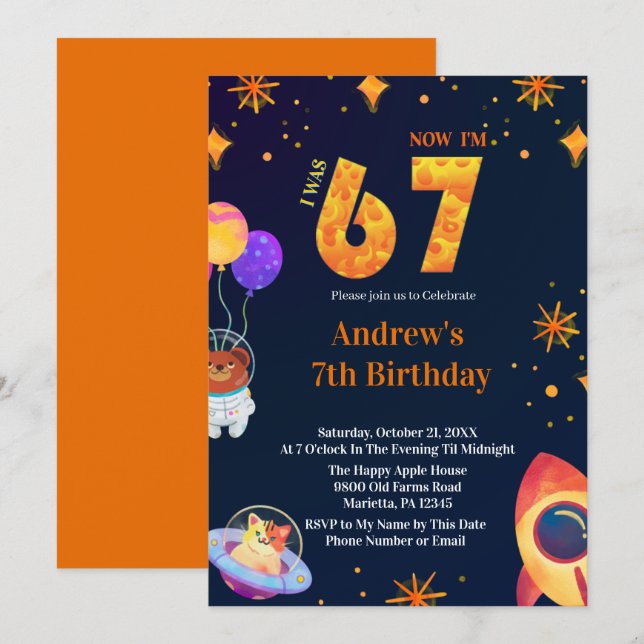 Invitation Space Theme I Was 6 Now I’m 7 Boy Birthday (Devant / Derrière)