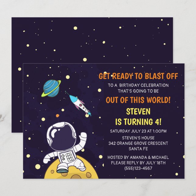 Invitation Spaceman Astronaute sur la Lune Anniversaire (Devant / Derrière)