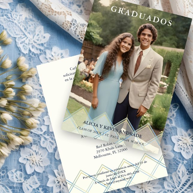 Invitation Spanish Blue Shades Overlay Vellum Shapes Photo  (Spanish Blue Shades Overlay Transparency Shapes Photo Graduates Invitation Card with Envelope.)