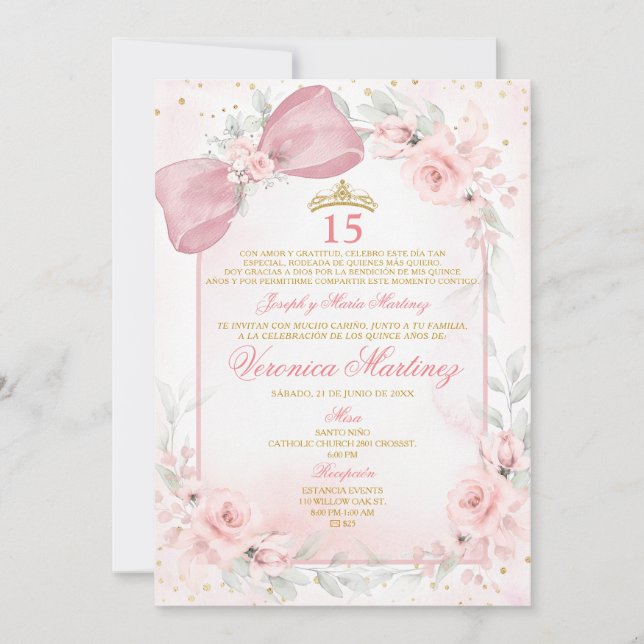 Invitation Spanish Blush Pink Bow Coquette Princess 15 Años (Devant)
