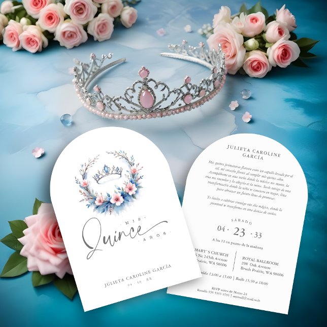 Invitation Spanish Cute Blue Pink Floral Quinceañera Tiara (Spanish Cute Blue & Pink Floral Wreath Quinceañera Invitations Cards with Tiara Design.)
