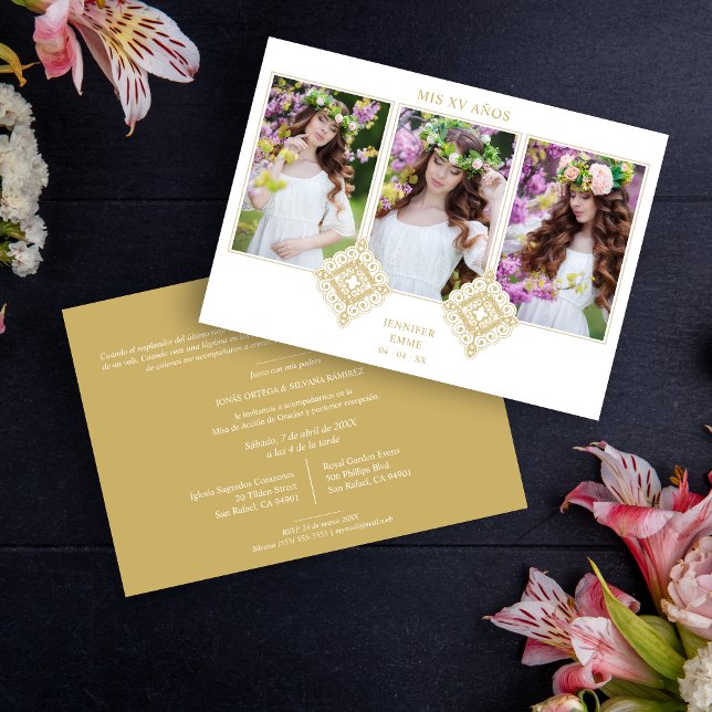 Invitation  Spanish Cute Luxurious Flourish Gold Ornament (Spanish Cute Luxurious Flourish Gold Ornament XV Años Invitation Card.)