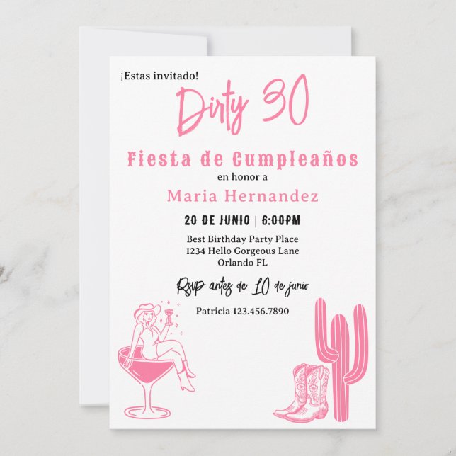 Invitation Spanish Dirty 30 Western Fiesta 30e anniversaire (Devant)