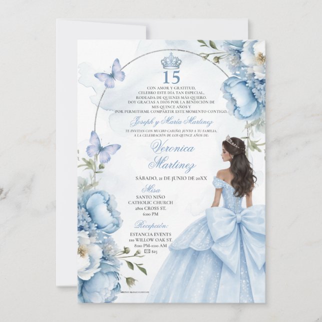 Invitation Spanish Dusty Blue Floral Princess Silver 15 Años  (Devant)
